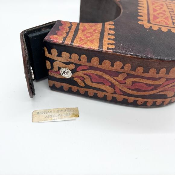 Leather Elephant Piggy Bank Tooled Coin Brown Red Boho Retro 7"x5" India Whimsy - Picture 6 of 6